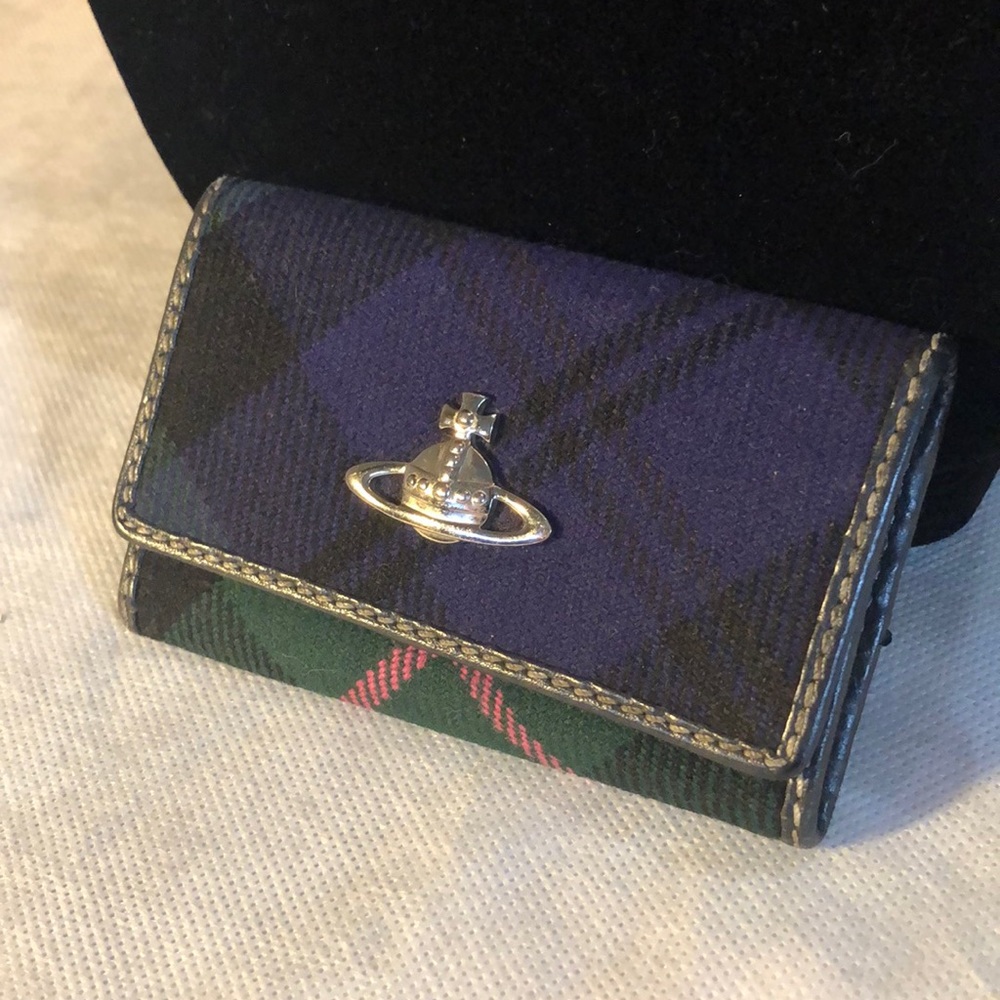 💕Vivienne Westwood Leather & Soft tartan Corduroy gold-tone orb key-card holder